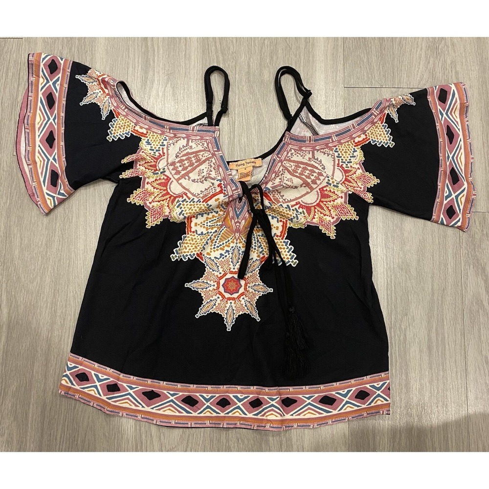 Flying Tomato Womens Batwing Smock Top Size S Boho‎ Aztec Knit Off Shoulder